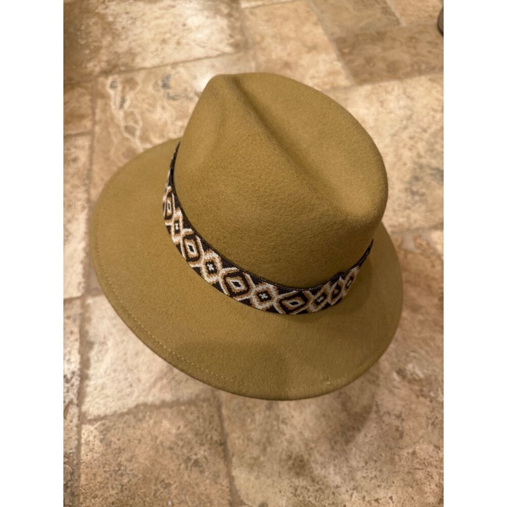 Gelso Bianco Made In Italy Wool Fedora Hat With Geometric Band Beige & Brown